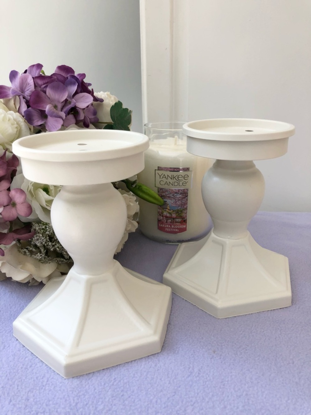 Antique White Metal Sculptural Candle Pedestal Pillars